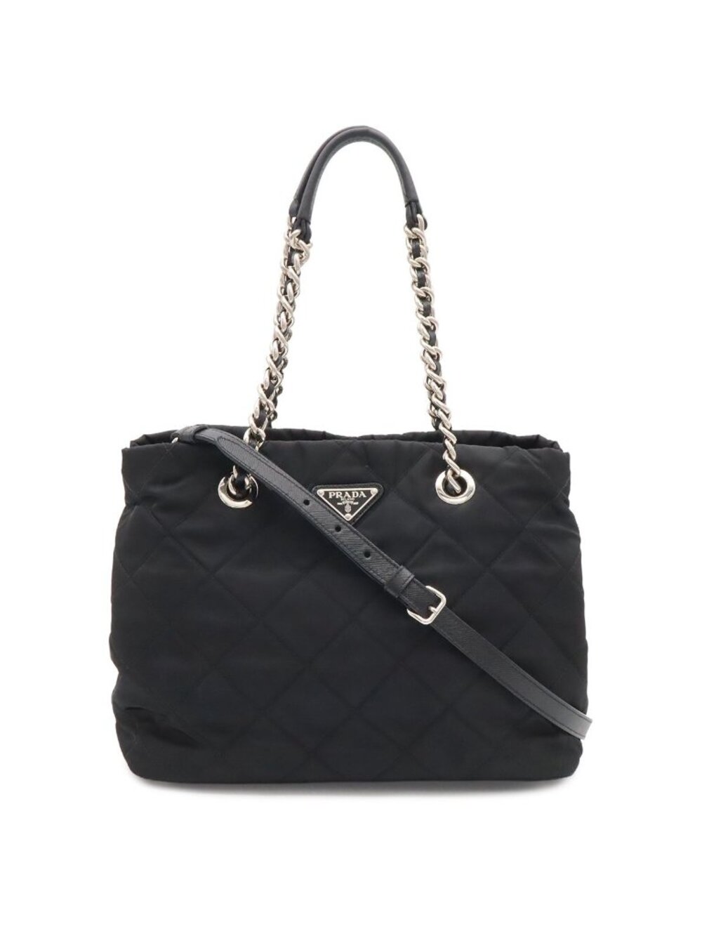 Prada Tessuto Triangle Logo Chain Shoulder Bag 2-Way Quilted Nylon Nero Black